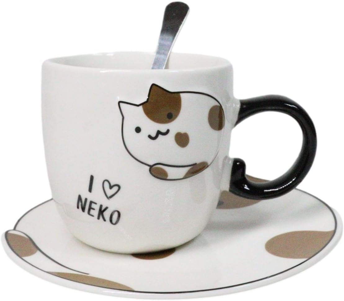 Ebros Pack Of 2 Crazy For Cats Maneki Neko Porcelain Coffee Tea Mug Cup 8oz With Saucer Tray And Notched Spoon Animal Pets Kittens Mugs Cups Kids And Adults Drinkware (Calico And White)