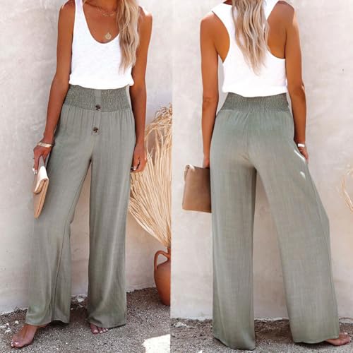 Sakesfor Linen Blend High Rise Smocked Pants, Linen Pants Women, Summer High Waisted Cotton Linen Palazzo Pants3