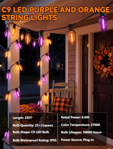 Image of 25FT LED C9 Orange and Purple Halloween String Lights Outdoor, 26 C9 Bulbs