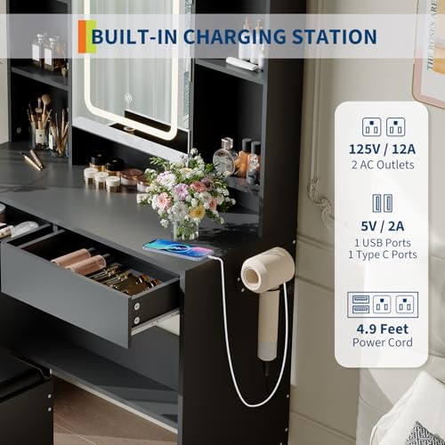 GarveeHome Vanity Desk with Mirror and Lights, for Bedroom,Adjustable 3 Color Lights Modes,Includes Padded Stool, Makeup Table Set with Hidden Storage Shelves, USB Outlets, Hairdryer Holder