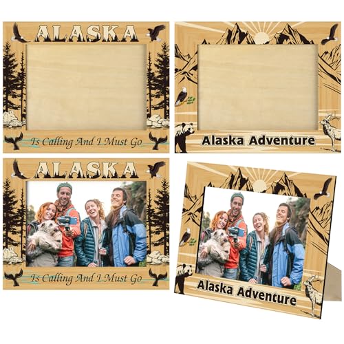 Qunclay 2 PCS Alaskan Photo Frames Alaska Adventure Souvenirs Wooden Picture Frame Vacation Holiday Gifts for Couple Friends Wedding Honeymoon Home Office Desk Tabletop Display Decorations