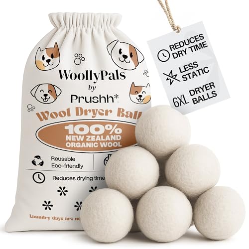 WoollyPals Dryer Balls (6-Pack, XL Size) - 100% New Zealand Wool - No More Dryer...