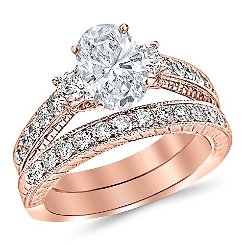 14K White Gold 1.75 Carat LAB GROWN DIAMOND Three Stone Vintage With Milgrain & Filigree Bridal Set with Wedding Band & Oval Cut Diamond Engagement Ring (G-H Color VS2-SI1 Clarity 0.75 Ct Center)