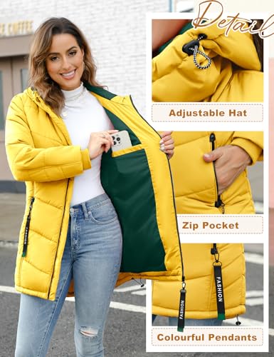 CMTOP Wintermantel Damen Warme Steppmantel Dicker Winterjacke Herbst Winter Steppjacke Parka Lang Reißverschluss Damen-mäntel Casual Winterparka mit Kapuze, Taschen(Gelb, XL)