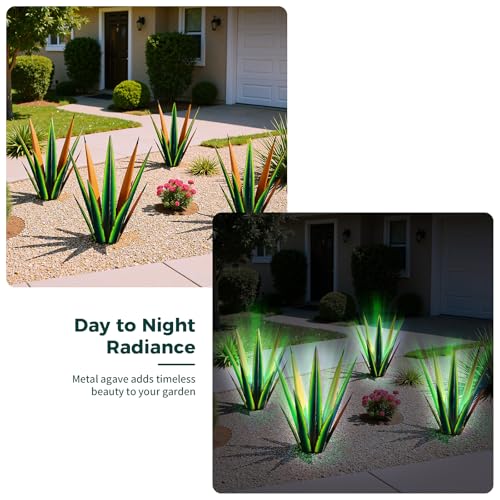 Image of KODIBO 24 inch Metal Agave Plant Outdoor Decor with Solar Light, Vintage Green