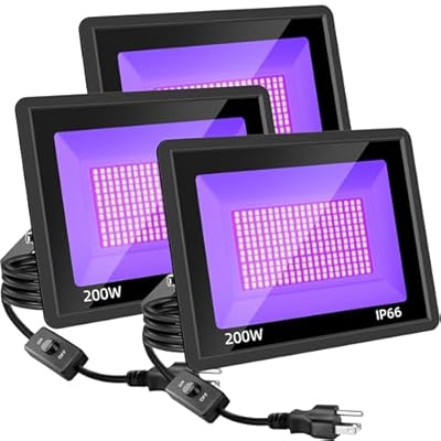 3 Pack 200W LED Black Lights, Blacklight Flood Light with Plug, IP66 Waterproof Black Flood Light for Dance Party, Glow in The Dark, Halloween, Body Paint, Fluorescent Poster, Neon Glow, Tapestry