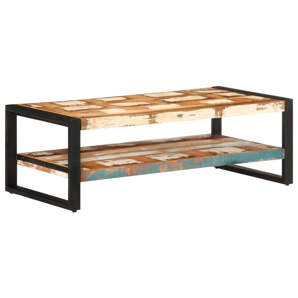 Hothingwell Stolik kawowy 2 poziomy drewna z odzysku 120x60x40 cm | Malowana proszkowo rama żelazna, mieszanka drewna tekowego z drewna bukowego mango, unikalny kolor losowy