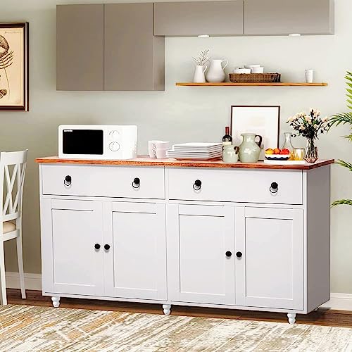 Hombck Buffet Cabinet With Storage, 55” Large Storage Cabinet With Doors And Drawers, Kitchen Coffee Bar With Adjustable Shelves, Sideboard Buffet Table For Kitchen, Dining Room, Living Room, White #TOP6
