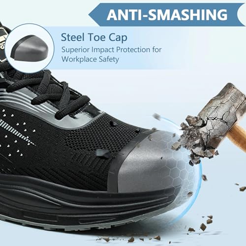 Image of Hogent Steel Toe Shoes for Men Women, Ultra Lightweight Premium Comfortable Work Sneakers, Puncture Proof Air Cushioned All‑Day Wear Safety Toe Shoes for Industrial Construction Warehouse Factory Work