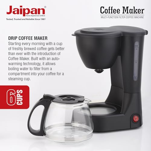 Image of Jaipan Coffee Maker 650 Watts Filter Coffee Machine with Glass Carafe | 6 Cups Capacity | Anti-Drip Function | Auto Keep Warm Plate | Water Level Indicator | Black