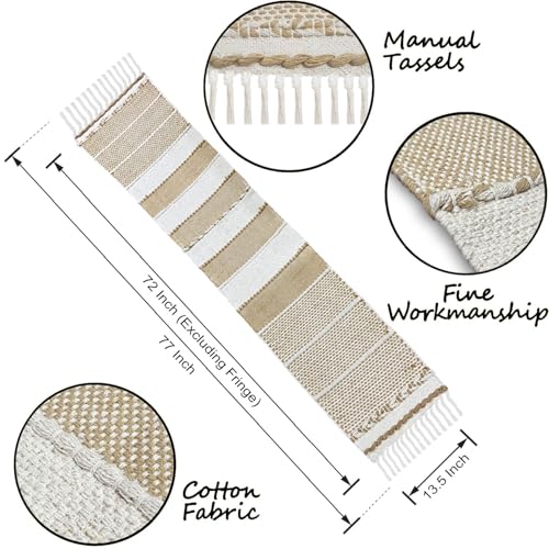 Image of Luxe Home Elegant Beige and White Woven Table Runner with Tassels - Cotton 13.5 x 77 Inch, Rustica - Perfect for Dining Table, Center Table, Decor Pack of 1