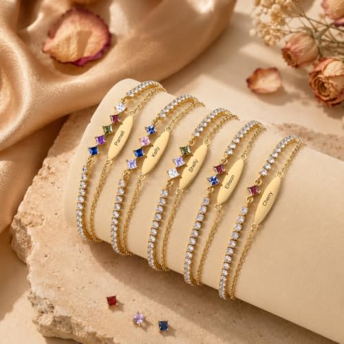 Tobillera personalizada kaululu con nombre y piedra natal de plata ajustable en capas 6
