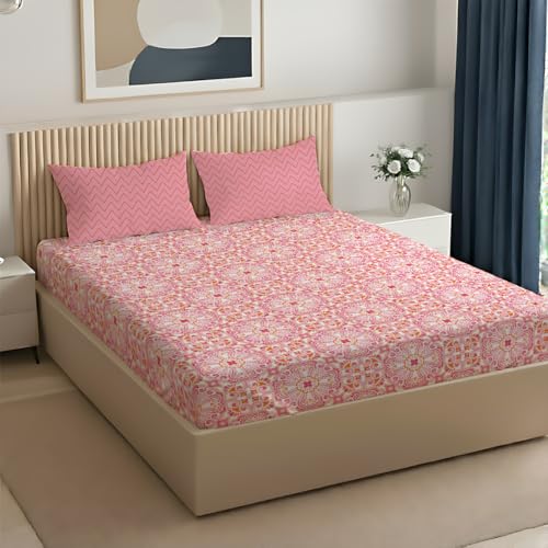 Image of Livspace Cotton Super King Size Bedsheet for Double Bed | 108 inch X 108 inch | 144 TC Flat Cotton Bedsheet with 2 Pillow Covers, Soft & Breathable, Bello Pure Nest Collection (Pink)