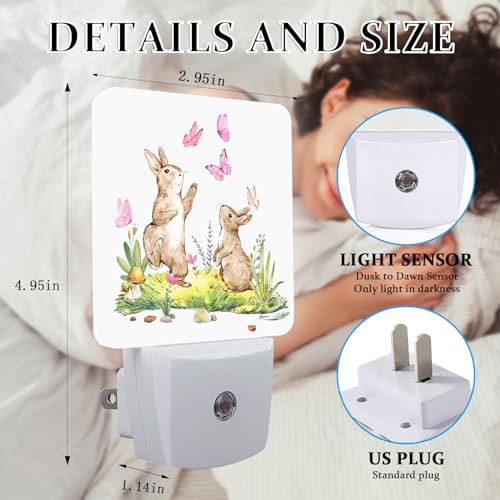 Image of Cute Rabbits Butterfly Night Light, Plug-into Wall Happy Easter Bunny Animals Nightlight Lamp with Dusk to Dawn Sensor, Led Lamp 0.5W Energy Efficient for Boys Girls Adults Home Decor