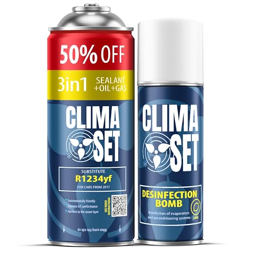 ClimaSet - Recarga de Aire Acondicionado 3 en 1 R 1234yf, Aceite, sellador de Fugas XL y Limpiador de Aire Acondicionado - Kit de Recarga de Gas para Aire Acondicionado para Automóviles - 235 g