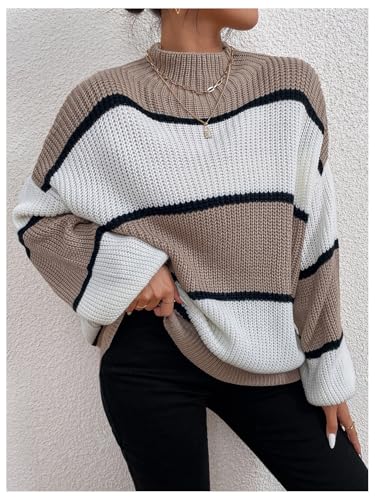 Milumia Women's Colorblock Mock Neck Sweaters Lantern Long Sleeve Loose Pullover3