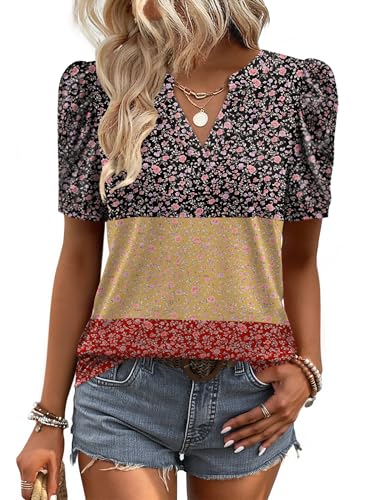 Image of Zeagoo Women Blouses Puff Short Sleeve Tops V Neck Dressy Casual Spring Shirts Boho Floral Cute Clothes 2026