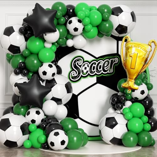 Image of 150Pcs Soccer Balloon Garland Arch Kit - Dark Green White Black Soccer Party Decorations Different Sizes Latex Party Balloons for Birthday World Football Boys Sports Theme Party Decorations