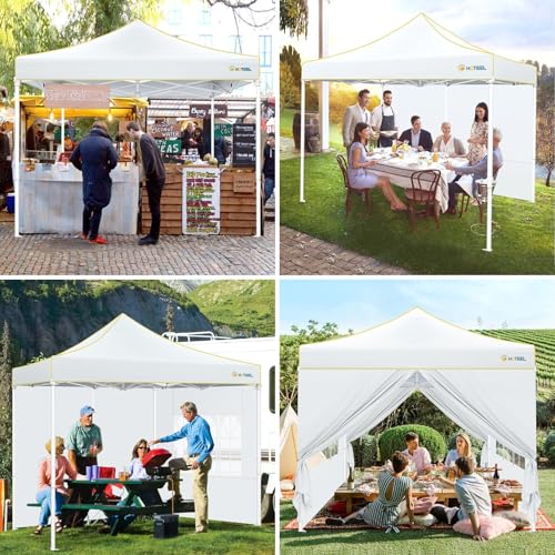 Image of HOTEEL Canopy Tent 10x10 Heavy Duty Pop Up Canopy with Sidewalls, Commercial Instant Waterproof Tent for Vender Patio, UV 50+ with Silver Coated, Upgraded Thickened Hexagonal Legs, White