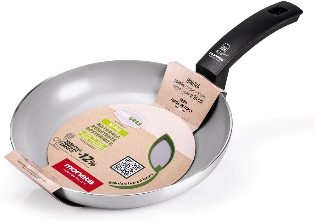 Moneta Innova Frying Pan, 8 Inch (20cm) – FineGres Natural Nonstick Coating, PFAS-Free, Induction Compatible, Made in Italy, Grey
