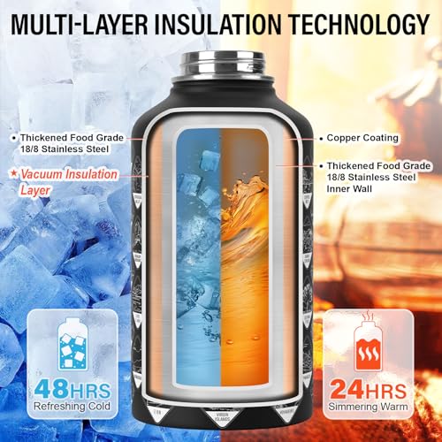 Insulated Water Bottle | Thickened Stainless Steel Vacuum Metal | Portable Sports Half Gallon Large Water Jug for Gym and Hiking with Straw, Carrier Bag, Handle Strap | BPA-Free 64 oz