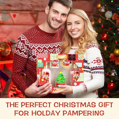 Bath Sets for Women Gift, Christmas Bath Set Gifts for Women Girls, Rose Scented Body Care Spa Gifts for Women with Body Butter, Shower Gel, Lotion, Candle and Towel, Christmas Bath Gifts for Women