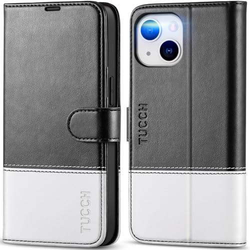 Image of TUCCH Case Wallet for iPhone 13 (6.1 inch), RFID Blocking Folio, Black & White | 3 Card Holders, Kickstand, PU Leather, Magnetic Closure, Shockproof TPU Shell, Protective Flip Cover