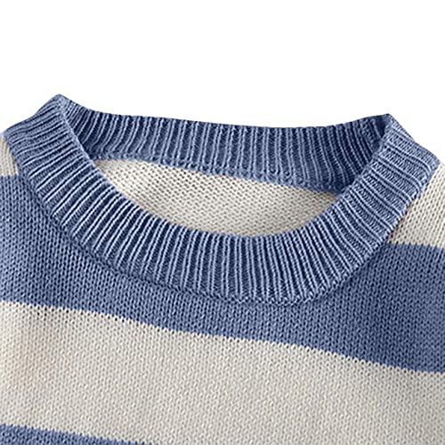 Leiyan Mens Baggy Striped Cable Knitted Sweaters Long Sleeve Color Block Rib Knit Pullover Soft Sweatshirt Jumpers Blue #TOP2
