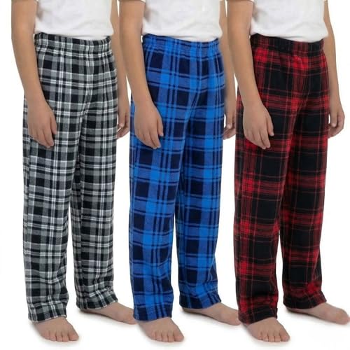 Mad Dog Concepts Boys Pajama Pants - Soft Micro Fleece PJ Bottoms for Kids Printed Plaid Design Boys Sleepwear Size 620 3PK - Size 14-16 Gray/Blue/Red