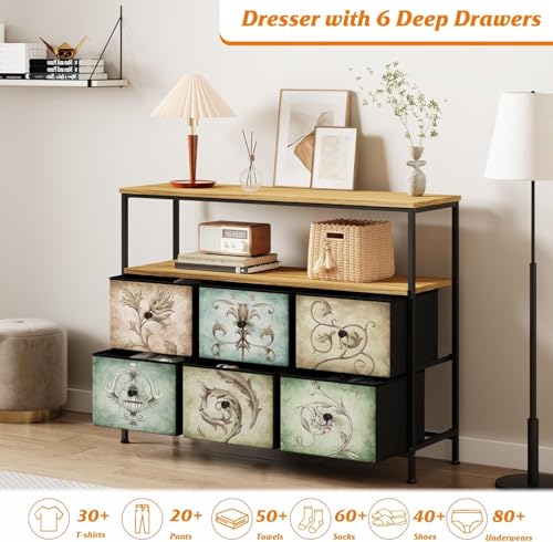 Image of HOME ELEMENTS Fabric Chest of Floral Printed Glossy 6 Drawers for Bedroom,Clothing Storage Organizer Unit Dresser Chest of Drawers for Living Room Closet Hallway,100x29.8x78cm,Assorted