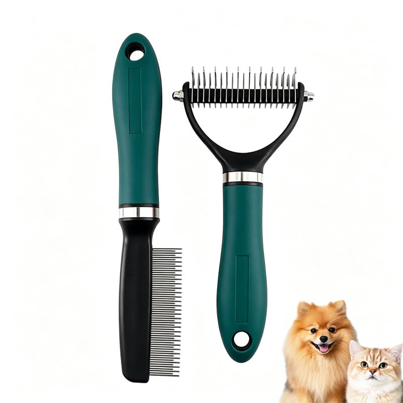 Double Sided Pet Grooming Comb, 2-in-1 Dog Cat Dematting Brush, Undercoat Rake for Removing Mats & Loose Fur, Pain-Free Grooming Tool for Pets, Non-Slip Handle & Easy Clean (Teal)