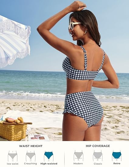 Hanna Nikole Damski zestaw bikini, urocze falbany, seksowny dekolt w serek, efekt push-up, spodnie z wysokim stanem, podwójne paski na ramiona