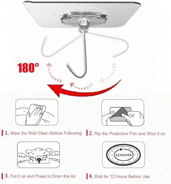 Miniatura 2 de Ganchos adhesivos transparentes, no requiere perforaciones, ganchos adhesivos resistentes, ganchos acrílicos extraíbles, paquete de 10 para cocina,