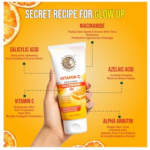 Image of Vitamin C Brightening Facewash Gel with Niacinamide, Salicylic Acid 0.5%, Alpha Arbutin, Azelaic Acid | Infused with kakadu Plum & Centella Asiatica Extract | All Skin Types | Face Wash For Women & Men |100 ml | Anti-Acne /Pimple,Oil Control & Skin Brightening | Glow Up Your Skin