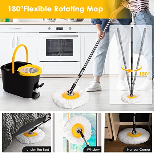 Eahoo Spin Mop And Bucket With Wringer Set With Foot Pedal, Floor Cleaning System, Wet And Dry, Adjustable Handle, 180° Revolving Round Mop Head, 5 Washable And Reusable Microfiber Pads, 1 Floor Brush #TOP4