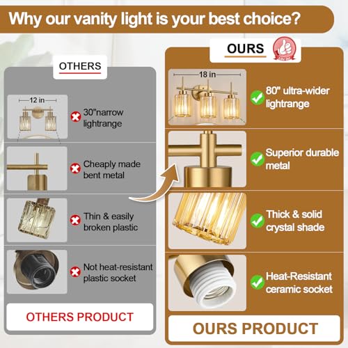 Image of Modern Crystal Bathroom Light Fixtures Over Mirror, 3-Light Brushed Gold Bathroom Vanity Light with Amber Glass Shades, Modern Vanity Lights for Bathroom, E26 Base, Bulbs Not Included