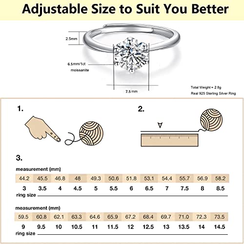 Letalong 1Ct Adjustable Moissanite Rings For Women, S925 Sterling Silver 6 Prong Moissanite Engagement Ring #TOP3