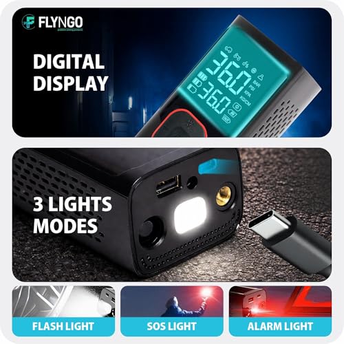 Image of FLYNGO 2-in-1 Tyre Inflator for Car and Bike, 150 PSI Wireless & Wired (4000mAh or 12V DC) Portable Air Compressor Pump with Type C Port, Digital Display, Power Bank, LED Flash Light (FL-CTIP-1)
