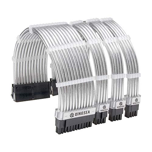 PSU Sleeved Cables Kit 16AWG Computer Extension Cables ATX 124-Pin/14+4-Pin EPS/ 26+2-Pin PCI-E Power Supply Cable Set 30CM with Cable Combs (Silver)