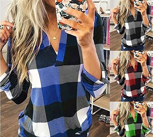Ajpguot-Damen-Plaid-Shirt-Casual-V-Ausschnitt-Kariertes-Langarmshirts-Frauen-Oberteile-Bluse-Elegant-Tops-Hemden-Langarm-Sweatshirt