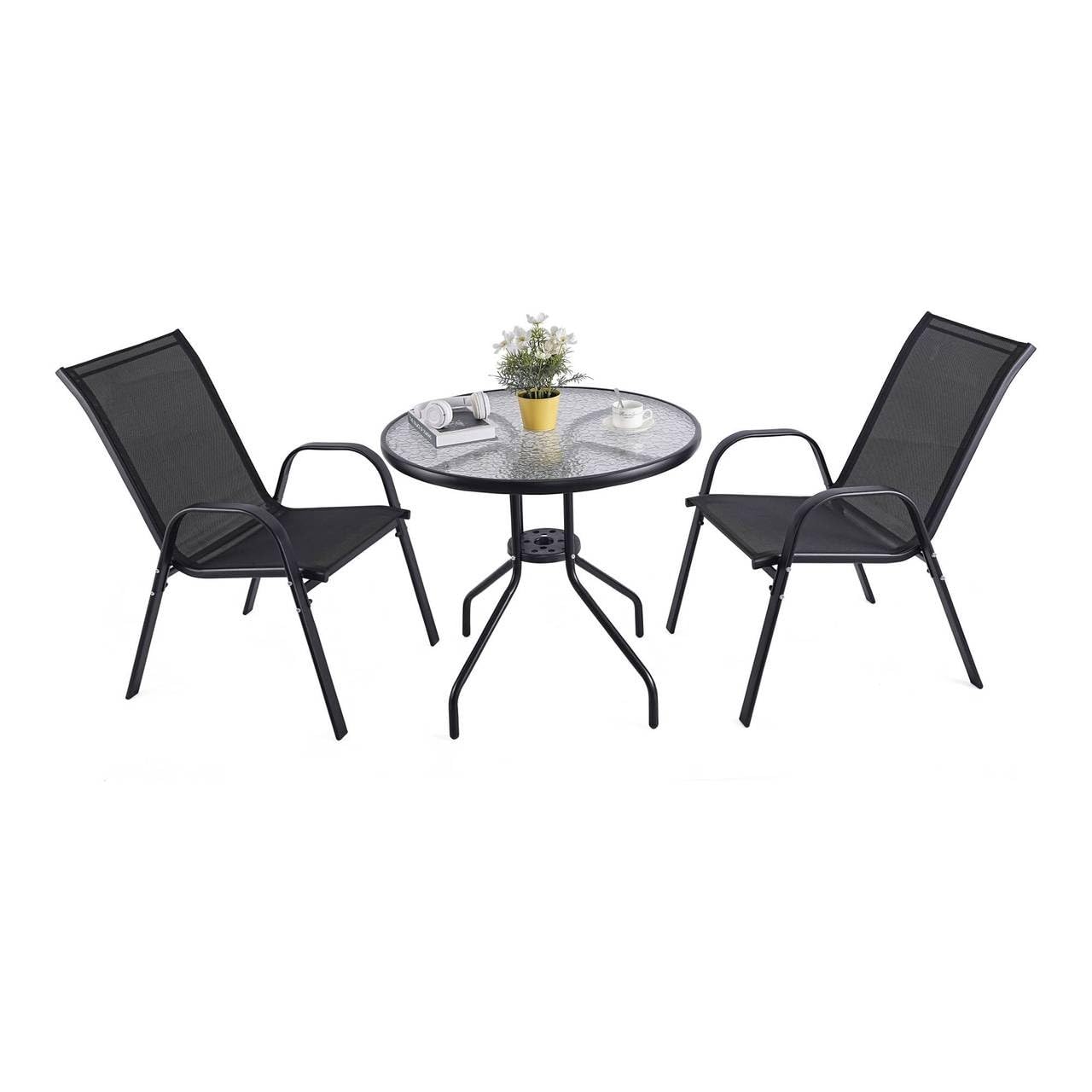 URBNLIVING 3 Piece Garden Bistro Set Round Glass Top Table & 2 Textilene Chairs Outdoor Patio Balcony Furniture Weather Resistant Metal Seating - Black โ image 1