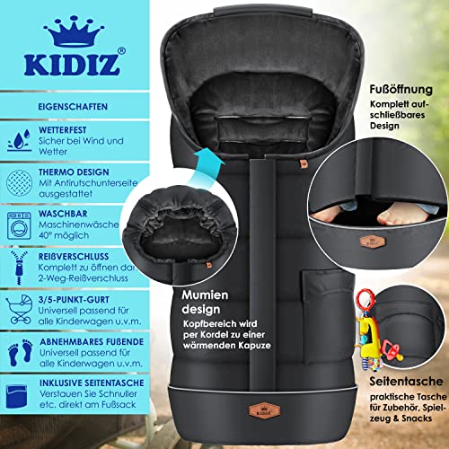 Kidiz® Babyfußsack Baby Fußsack Winterfußsack Babyschale mit Reißverschluss Kuschelsack Babydecke Kinderwagen waschbar Tasche passend für alle Kinderwagen Bett Wärmedecke aus Thermo-Fleece Anthrazit
