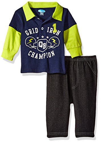 BON BEBE Baby Boys' 2 Piece Longsleeve Collared Shirt with Denim Pant, Grid Iron Navy, 0-3 Months