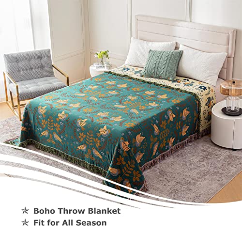 Boho Throw Blanket For Bed - 100% Cotton Ultra Soft Rustic Quilt - Bird Floral Printed Farmhouse Decor Bed Blankets,80"×90" All Season Rustic Throw For Sofa Couch Chair #TOP2