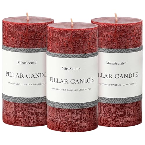 3x6 Inch Burgundy Pillar Candles Set of 3 - Hand-Poured Unscented Candles, Long Clean Burning, Dark Red Pillar Candle, Smokeless Dripless Candle for Dinner Table, Wedding, Home, Rustic Decor