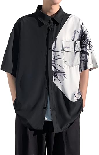 FJLTDCP Mens Fashion Summer Clothing, Street Style, Japanese Print, Casual, Open Collar, Bamboo Pattern, Short Sleeve Shirt, Loose Casual, Summer Commuting Shirt, Sweat Absorbent, Quick-Drying M