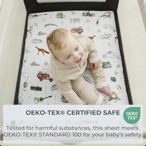 Image of Pobibaby 2 Pack Pack N Play Sheets for Boys - Premium Cotton Blend Fitted Playard Sheet, Soft Breathable Mini Crib Sheets Boy, Playpen Mattress Cover for Standard Travel Playards 38x26 (Explore)