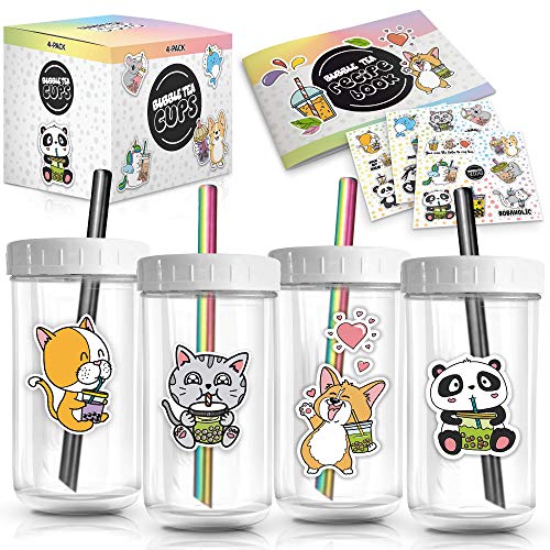 4-Pack Reusable Bubble Tea Cup Set  22oz Glass Boba Tea Cups with Lids & Straws  Bubble Tea Gift Set Includes Recipe Book & Stickers - Reusable Boba Cup for Milk Tea & Smoothie & Iced Coffee