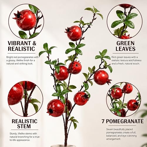 Image of Art Street Artificial Pomegranate Plant Stick with Red Fruits - Realistic Faux Pomegranate Branch for Home Decor, Vase Fillers, Festive & Wedding Decoration, (Set of 2), 32 Inch