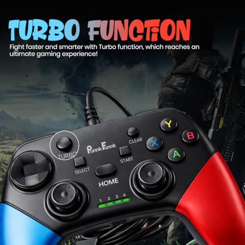 Image of PunnkFunnk Gaming Controller Lite Wireless Bluetooth Gamepad for Android, iOS, PC & Smart TV with Turbo Function, Ergonomic Grip, Rechargeable Battery (EliteX Wired Red Blue)